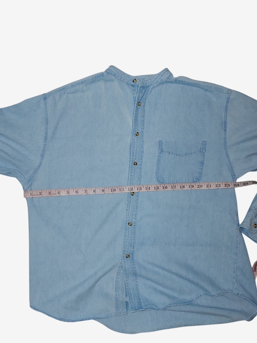 Light Wash Denim Button-Up Shirt, No Collar - Picture 4 of 4